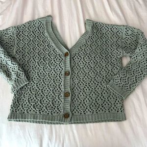 NICOLE MILLER ARTELIER Green crochet cropped boxy off-the-shoulder cardigan